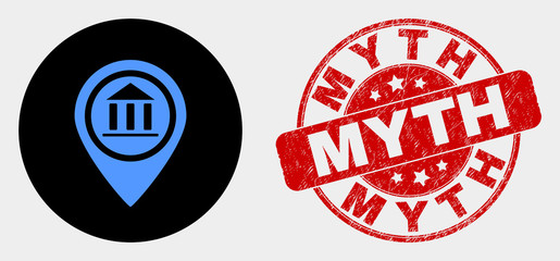 Rounded museum map marker icon and Myth seal stamp. Red rounded scratched stamp with Myth text. Blue museum map marker icon on black circle. Vector composition for museum map marker in flat style.