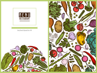 Menu cover floral design with colored onion, garlic, pepper, broccoli, radish, green beans, potatoes, cherry tomatoes, peas, celery, beet, greenery, chinese cabbage, cabbage, carrot