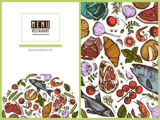 Menu cover floral design with colored garlic, cherry tomatoes, peas, fish, shrimp, cabbage, beef, buns and bread, croissants and bread, basil, rosemary