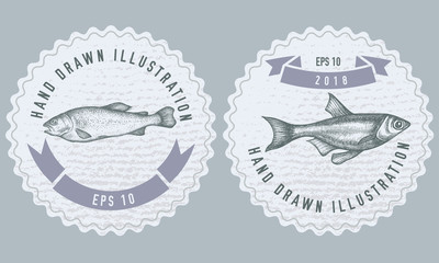Monochrome labels design with illustration of fish