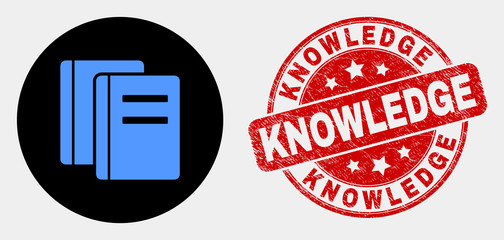 Rounded books icon and Knowledge watermark. Red rounded distress stamp with Knowledge text. Blue books icon on black circle. Vector combination for books in flat style.