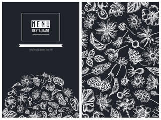 Menu cover floral design with chalk celandine, chamomile, dog rose, hop, jerusalem artichoke, peppermint