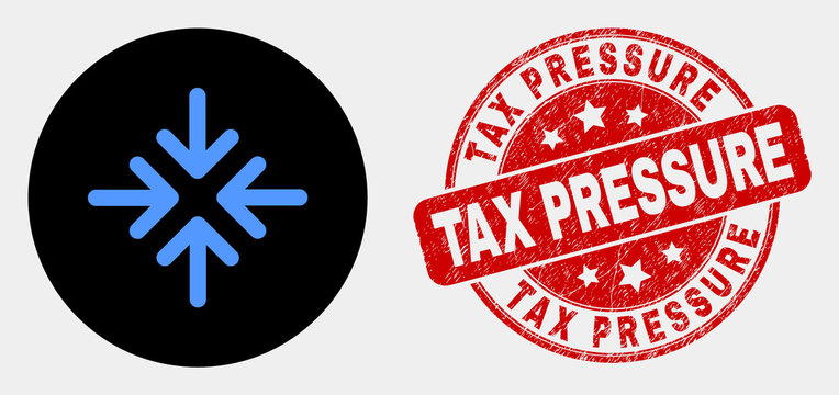 Rounded meeting point arrows icon and Tax Pressure seal. Red rounded textured seal with Tax Pressure text. Blue meeting point arrows icon on black circle.