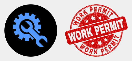 Rounded setup tools pictogram and Work Permit seal stamp. Red rounded scratched seal stamp with Work Permit caption. Blue setup tools icon on black circle.