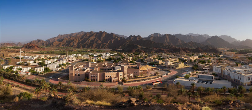 View from the top on town of Hatta and rocks in the background. Hatta is an enclave of Dubai in the Hajar Mountains, United Arab Emirates