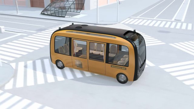 Self-driving shuttle bus driving through an intersection close to bus stop. People waiting at bus stop. 3D rendering animation. 
