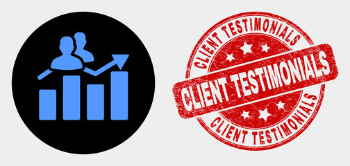 Rounded visitors bar chart icon and Client Testimonials seal. Red rounded grunge seal with Client Testimonials text. Blue visitors bar chart icon on black circle.