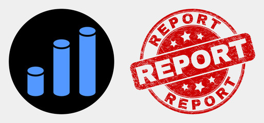 Rounded cylinder chart icon and Report seal stamp. Red rounded distress seal stamp with Report text. Blue cylinder chart symbol on black circle. Vector composition for cylinder chart in flat style.