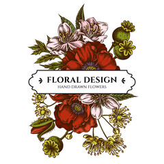 Floral bouquet design with colored almond, poppy flower, tilia cordata