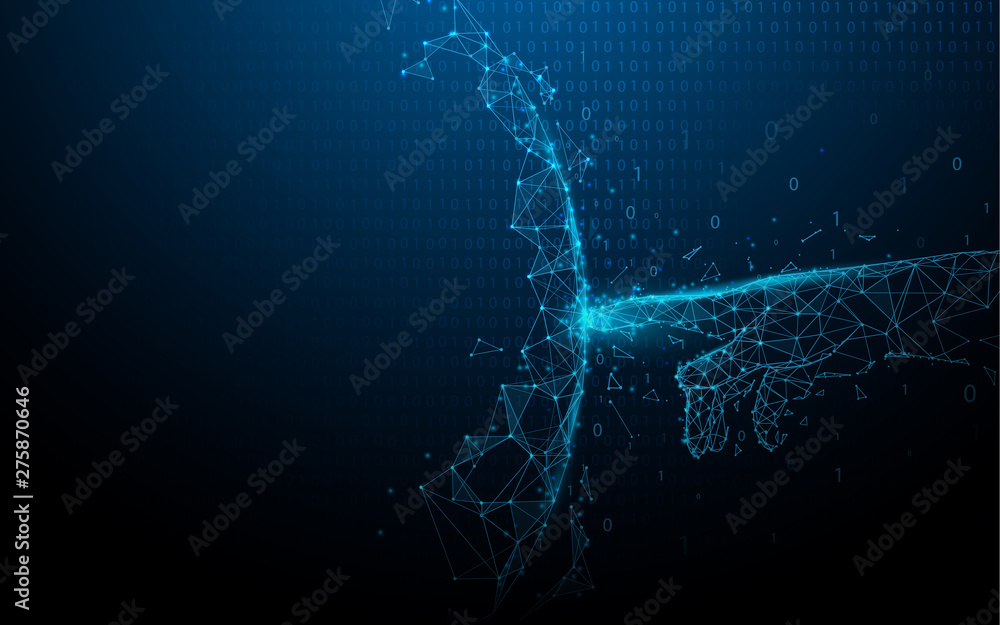 Poster hand touching global network connection and data from lines, triangles and particle style design. il
