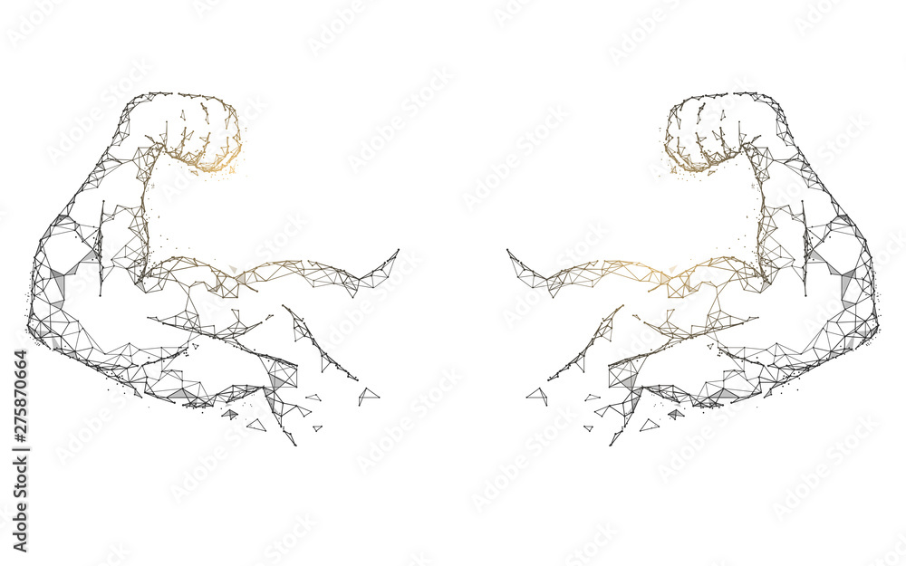 Poster strong muscles from lines, triangles and particle style design. illustration vector
