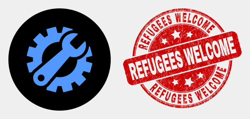 Rounded gear tools pictogram and Refugees Welcome stamp. Red rounded textured seal stamp with Refugees Welcome text. Blue gear tools symbol on black circle.