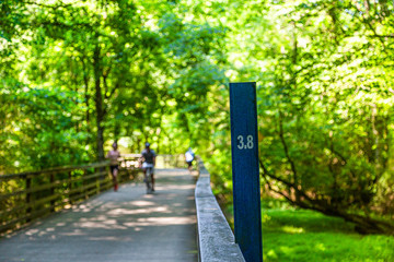 View of a walking, running, biking and fitness trail through woodlands and wetlands in Georgia