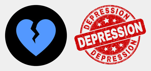 Rounded broken heart icon and Depression stamp. Red rounded distress seal stamp with Depression text. Blue broken heart icon on black circle. Vector composition for broken heart in flat style.