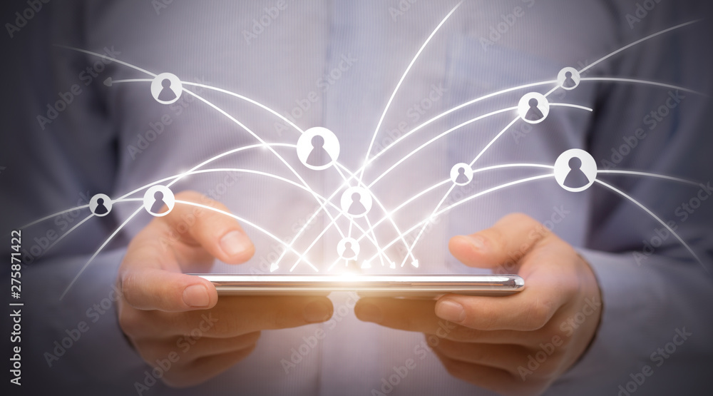 Poster Man using digital tablet with social icons, worldwide networking