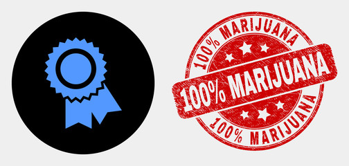 Rounded award seal icon and 100% Marijuana seal stamp. Red rounded textured stamp with 100% Marijuana caption. Blue award seal icon on black circle. Vector composition for award seal in flat style.