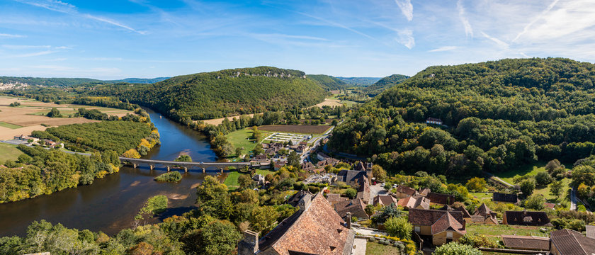 Panorama of the Dordogne River at Castelnaud-la-Chapelle in south west France 