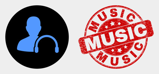Rounded user headphones icon and Music stamp. Red rounded textured stamp with Music caption. Blue user headphones icon on black circle. Vector combination for user headphones in flat style.