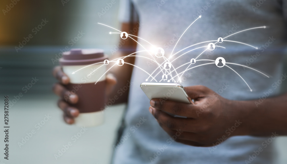 Poster African guy using cellphone with virtual diagram of network connection