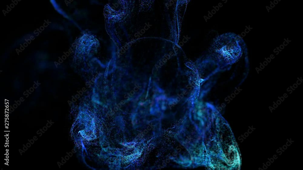 Poster 4k glow particles move in liquid flow and stumble upon a force field in the center of frame pushing 