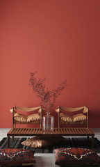 Rustic Home interior mockup with bench,chairs and decor in red room, 3d rendering