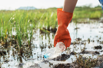 volunteer woman picking up garbage plastic for cleaning at river park