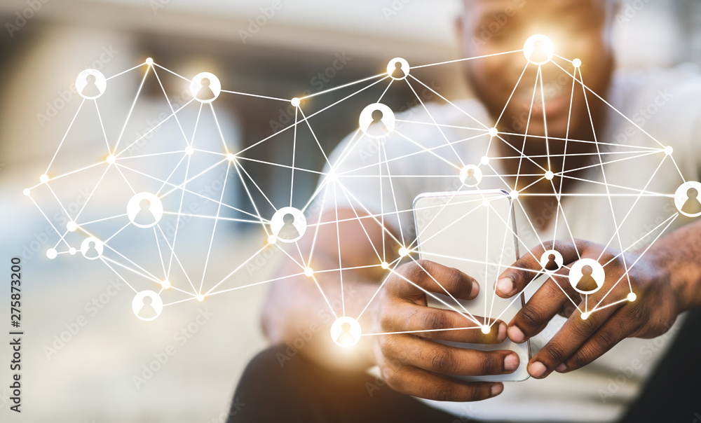 Aufkleber Man using cellphone with digital network virtual icon