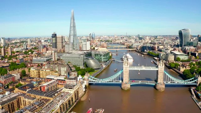Establishing Aerial View of Tower Bridge, Shard, London Skyline, London, United Kingdom