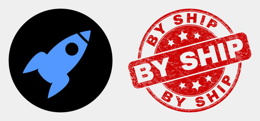 Naklejka premium Rounded rocket icon and By Ship stamp. Red rounded distress stamp with By Ship text. Blue rocket icon on black circle. Vector composition for rocket in flat style.