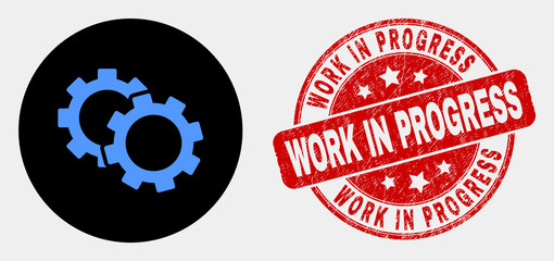 Rounded cogs icon and Work in Progress seal. Red rounded grunge seal with Work in Progress caption. Blue cogs icon on black circle. Vector composition for cogs in flat style.