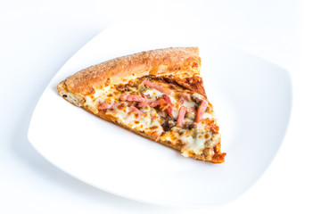 Slice of meat pizza on a plate.