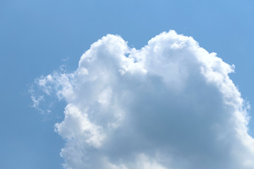 Blue sky background with fluffy white clouds at the bottom. Cropped shot, horizontal, nobody, free space at the top. Nature concept.