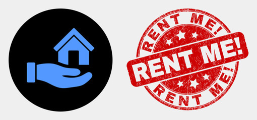 Rounded hand offer house icon and Rent Me! seal stamp. Red rounded textured stamp with Rent Me! text. Blue hand offer house icon on black circle. Vector composition for hand offer house in flat style.