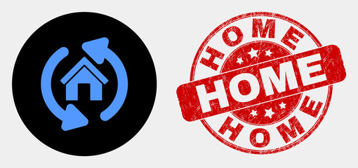 Rounded home refresh arrows icon and Home watermark. Red rounded distress watermark with Home text. Blue home refresh arrows icon on black circle.