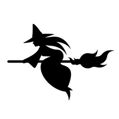Obraz premium Silhouette of Young Witch on Broom