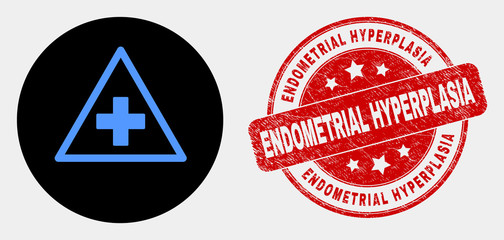 Rounded medical warning triangle icon and Endometrial Hyperplasia seal. Red rounded distress seal with Endometrial Hyperplasia text. Blue medical warning triangle icon on black circle.
