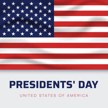 Presidents Day in USA. White greeting poster with American flag.
