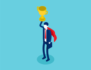Isometric businessman a winner cup over head. Concept isometric business successful vector illustration concept, Isometric flat cartoon character style design.