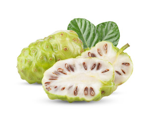 Noni fruit with leaf on white background. full depth of field
