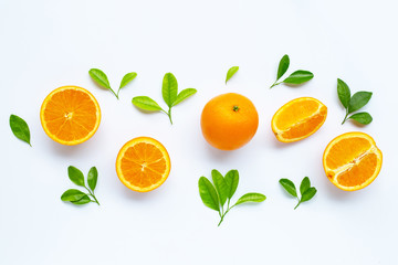 High vitamin C, Juicy and sweet. Fresh orange fruit with green leaves  on white