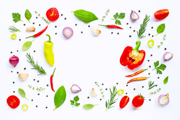 Various fresh vegetables and herbs on white background. Healthy eating concept