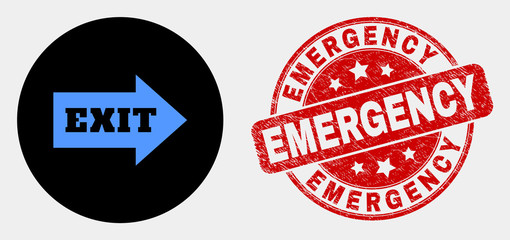 Rounded exit arrow icon and Emergency seal. Red rounded grunge seal with Emergency text. Blue exit arrow icon on black circle. Vector composition for exit arrow in flat style.