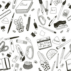 Hand drawn, seamless pattern school stationery items. Black on white background. Plants succulents, pens, pencils, brushes, stapler. 