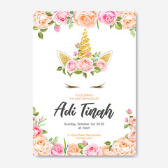 beautiful unicorn card template with floral wreath and gold glitter © lukasdedi