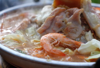 Thai barbecue Grill Pork and shrimp on hot pan buffet