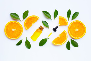 Orange fruits with citrus oil. Natural vitamin C on white background.