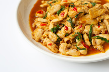 Stir-fried chicken with holy basil on white