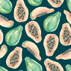 Watercolor summer exotic fruit pattern tropical fruits. Hand painted exotic coctails on white background. Papaya - summer tropical print for the textile fabric und wallpaper
