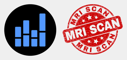 Rounded bar chart pictogram and MRI Scan seal stamp. Red rounded scratched stamp with MRI Scan caption. Blue bar chart icon on black circle. Vector combination for bar chart in flat style.