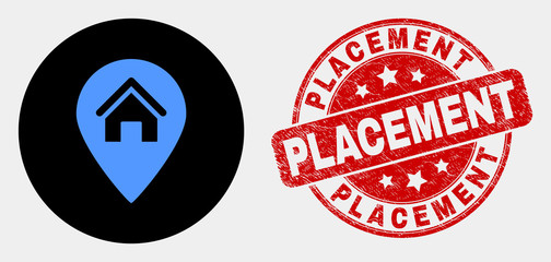 Rounded house map marker icon and Placement seal. Red rounded scratched seal stamp with Placement caption. Blue house map marker icon on black circle.
